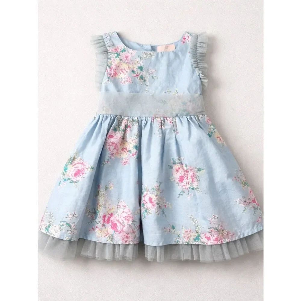 Mila and Emma blue party dress with pink flowers and mesh accents size 2T